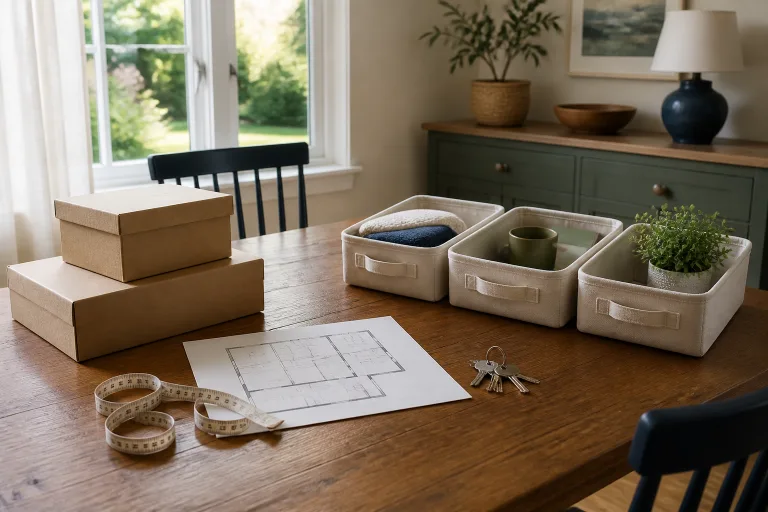 Moving boxes, sorting trays, floor plan, measuring tape, and keys arranged for a New Jersey downsizing plan