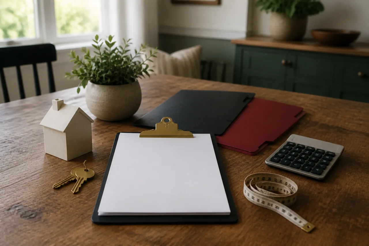 Blank home-buying planning sheet, document folders, calculator, house model, keys, and measuring tape arranged on a warm wood table