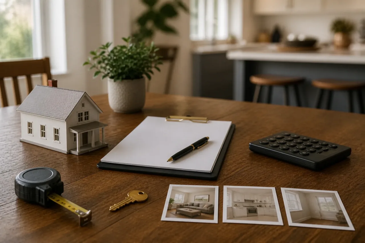 House model, blank valuation notes, measuring tape, calculator, keys, and room photos arranged for a property review