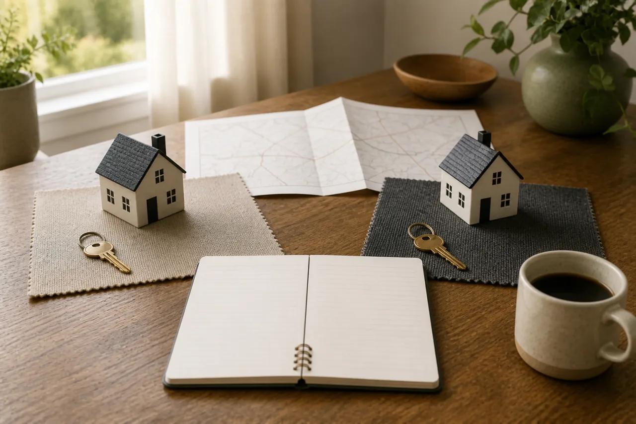Two equal house models, key sets, route sheet, and blank comparison notebook arranged for a neutral housing decision