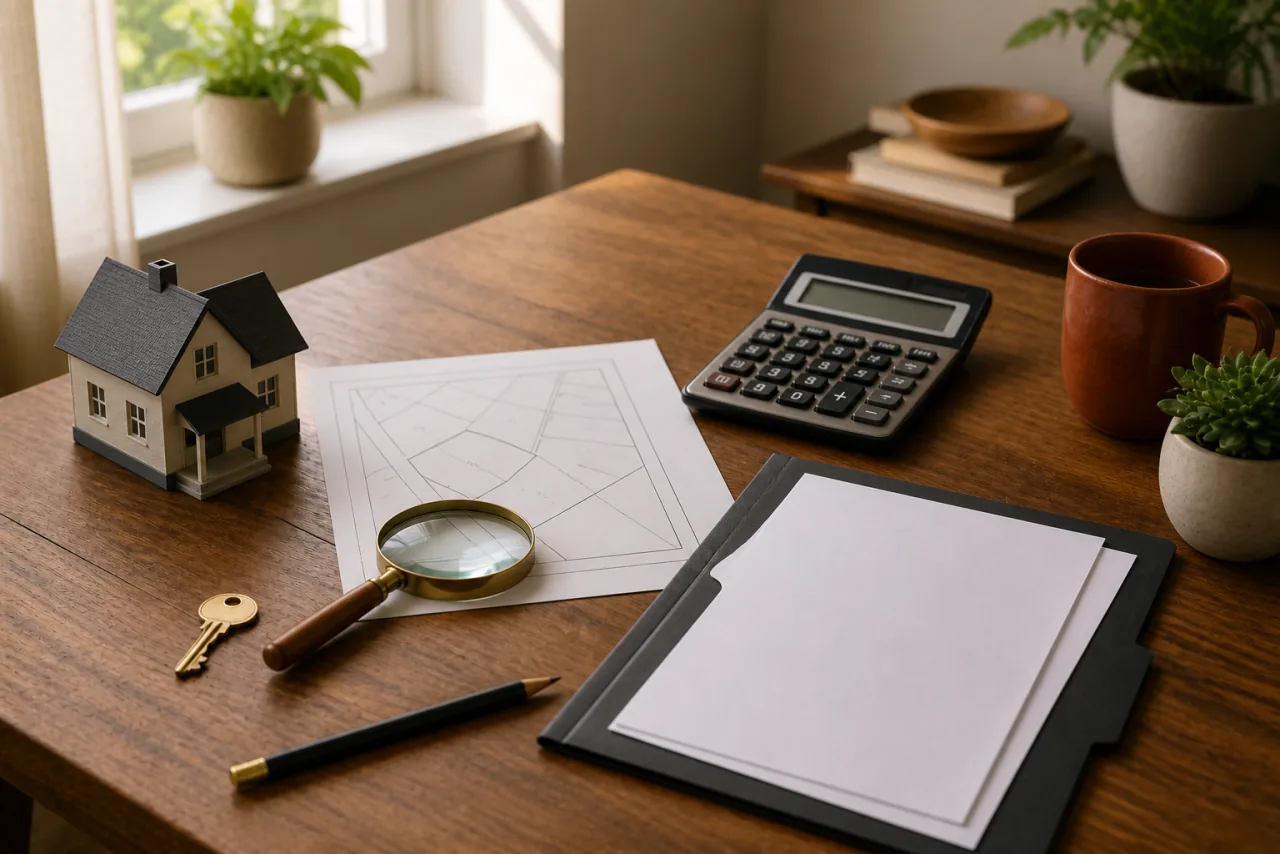 House model, parcel research sheet, calculator, magnifying glass, key, and document folder arranged for a New Jersey property-tax review