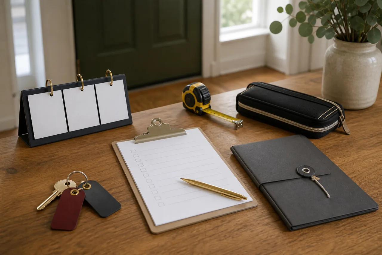 Rental-property transition checklist, document folder, keys, calendar, measuring tape, and tool pouch on a wood table