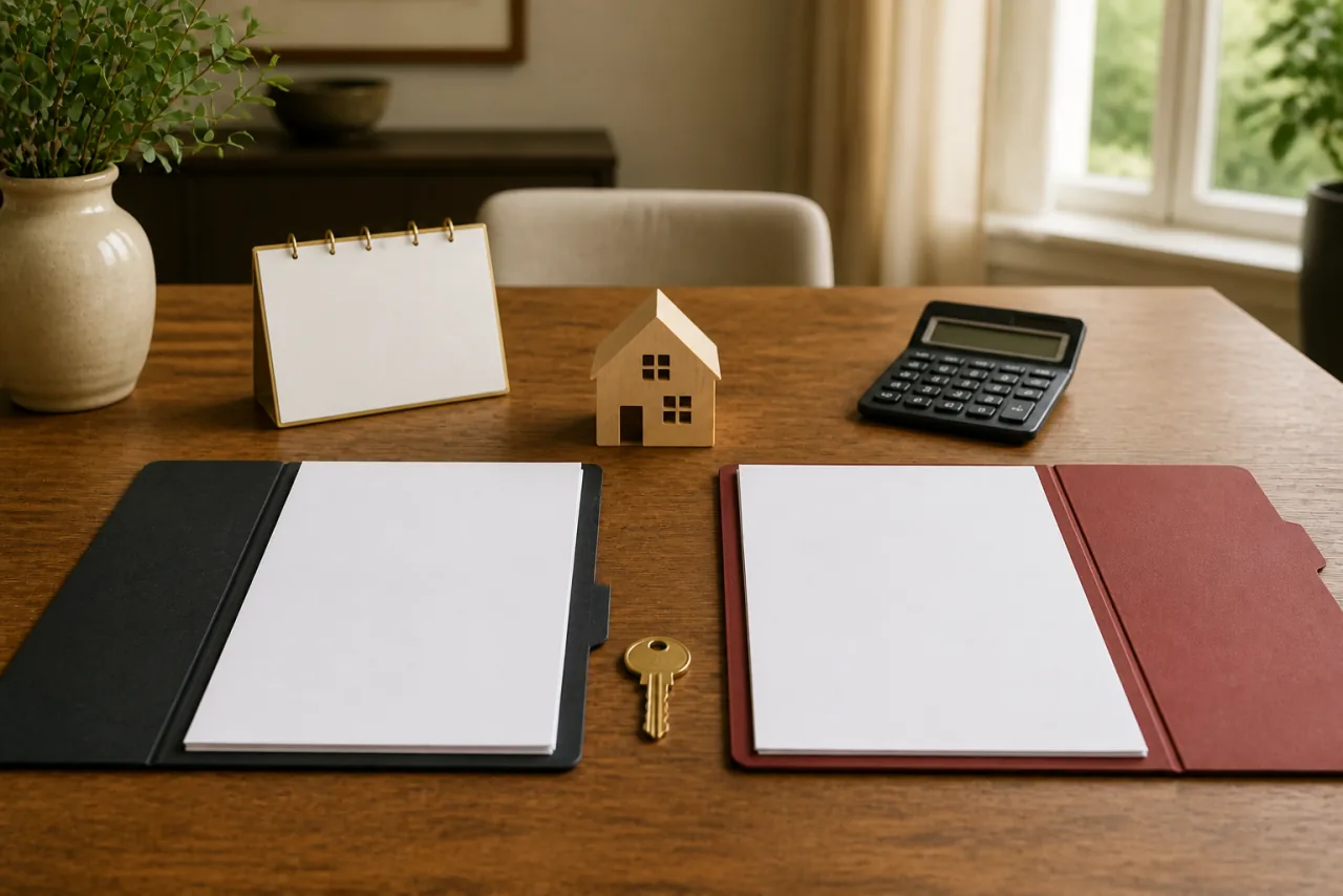 Two equal document folders, blank offer sheets, house model, key, calculator, and calendar arranged for a side-by-side review
