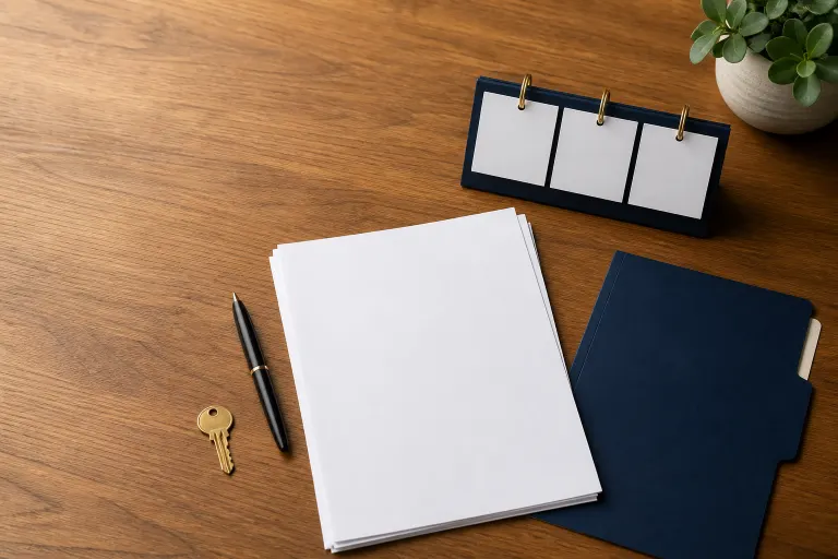 Blank three-day calendar, contract packet, folder, pen, and house key arranged for New Jersey attorney review
