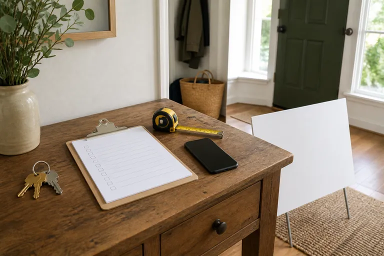 House keys, blank checklist, measuring tape, phone, and blank sign arranged for a New Jersey FSBO plan