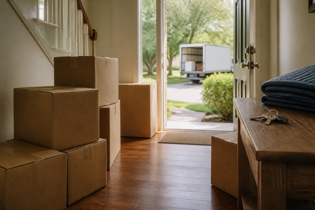 Moving boxes and keys inside an open front door with a moving truck waiting outside