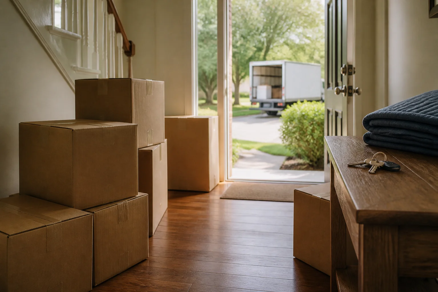 Moving boxes, keys, a moving blanket, and an unbranded van prepared for an NYC-to-New Jersey move