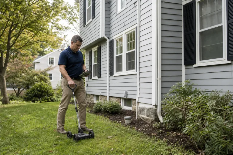 Property inspector conducting an oil tank sweep beside an older New Jersey home