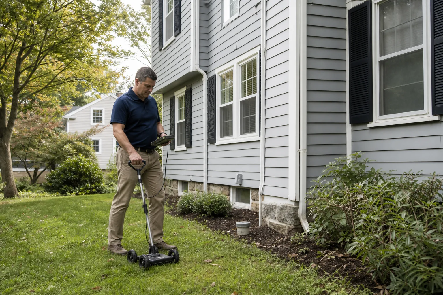 Property inspector using non-invasive detection equipment beside an older New Jersey home during an oil tank sweep