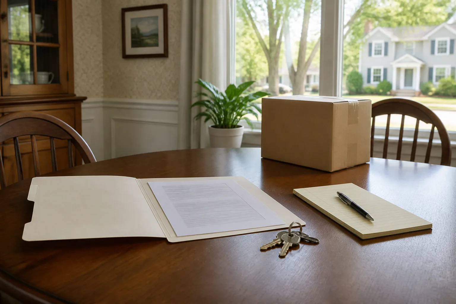 Folder, property keys, notepad, and moving box arranged in a New Jersey home while an inherited-home sale is organized
